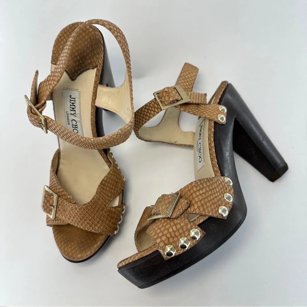 JIMMY CHOO Leather Snake Embossed Tan and Brown Wood High Heels. Size 38 US 8 - Picture 1 of 15